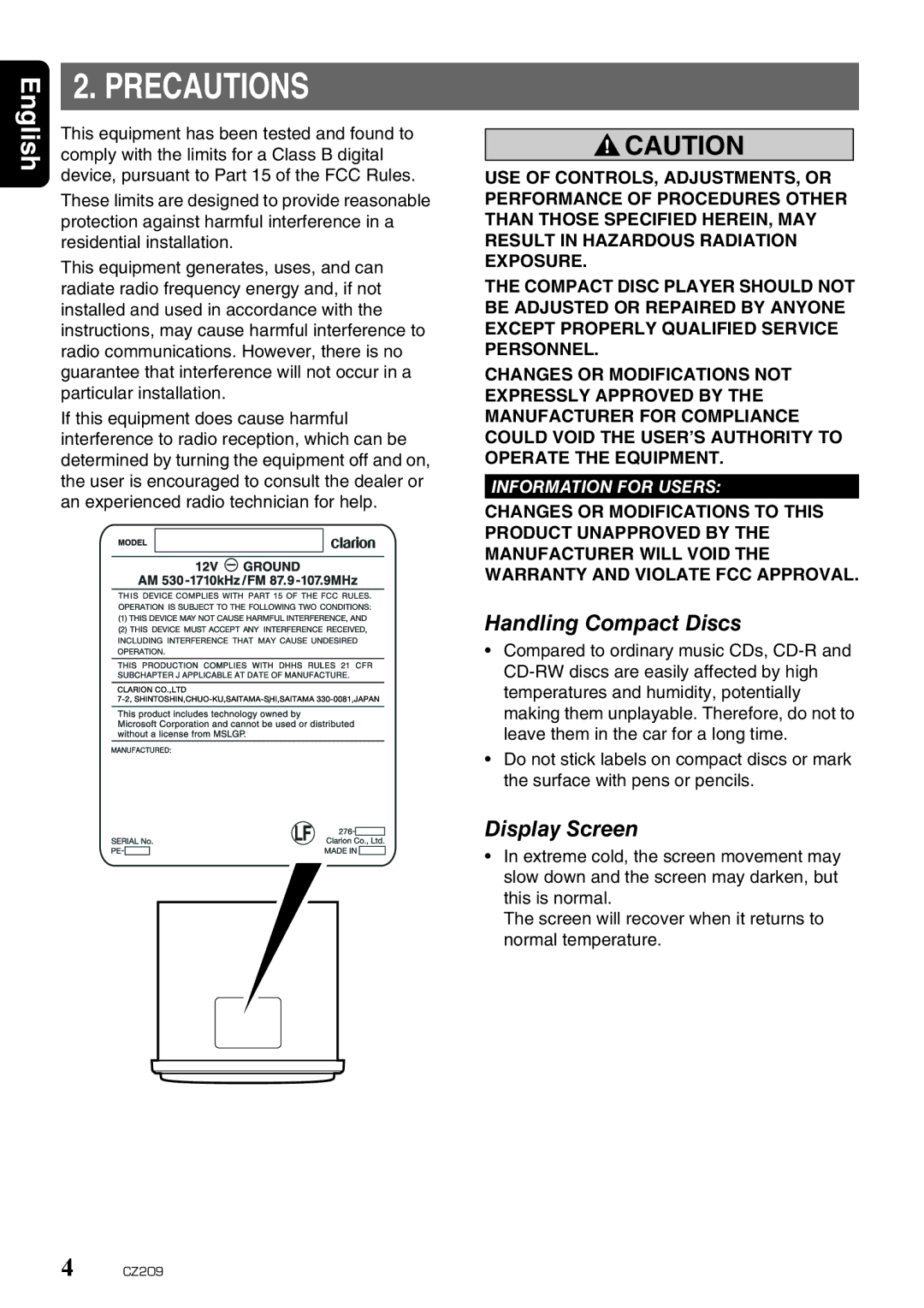 Clarion CZ209 owner manual Precautions, Handling Compact Discs, Display Screen 