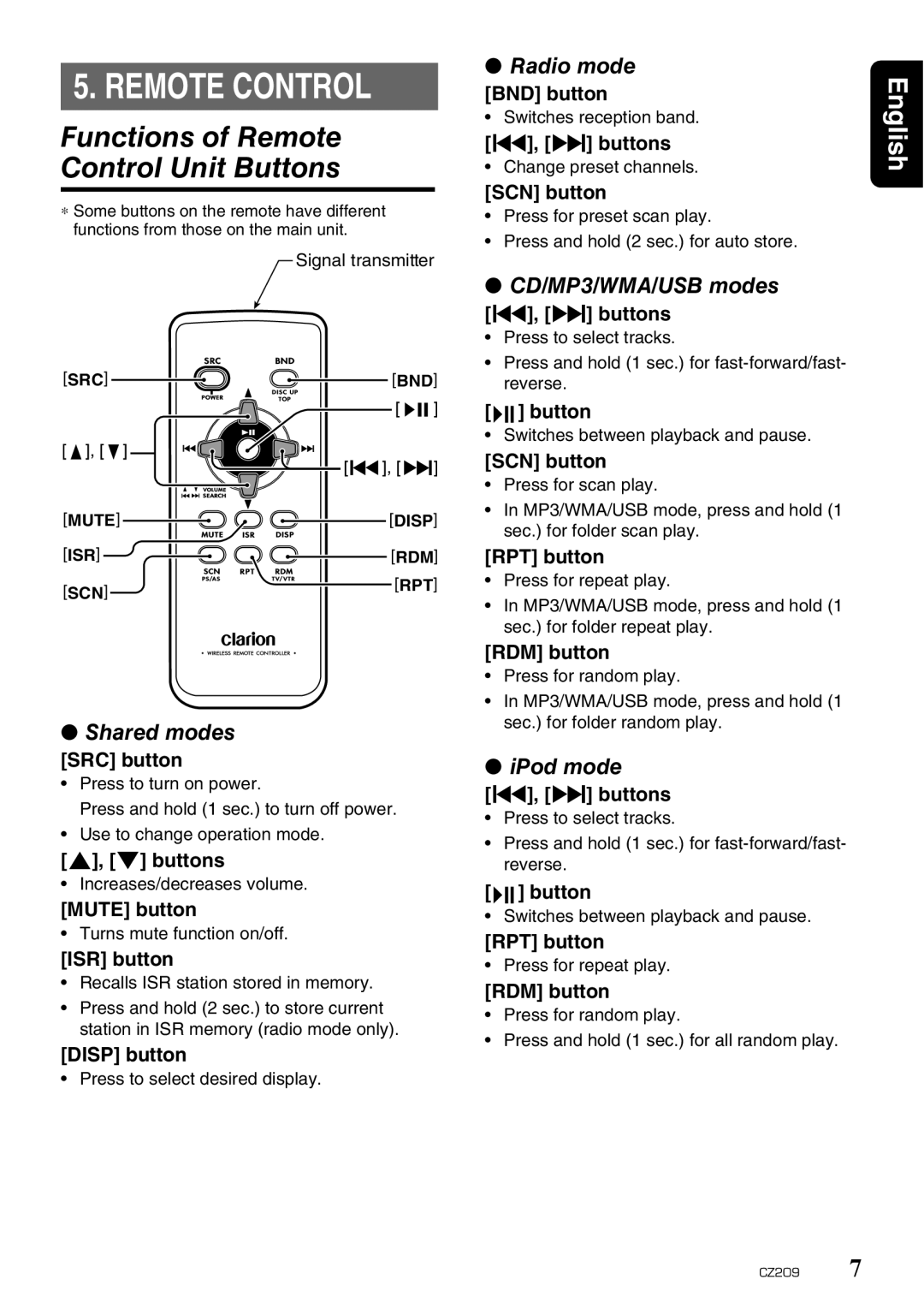 Clarion CZ209 owner manual Functions of Remote Control Unit Buttons 