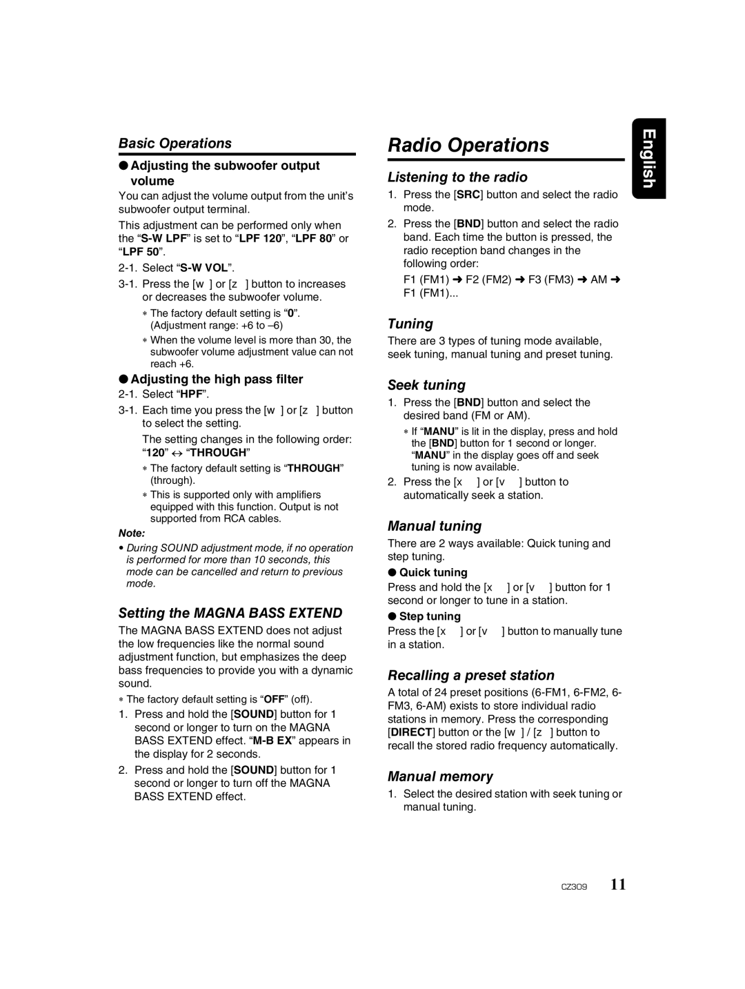 Clarion CZ309 owner manual Radio Operations 