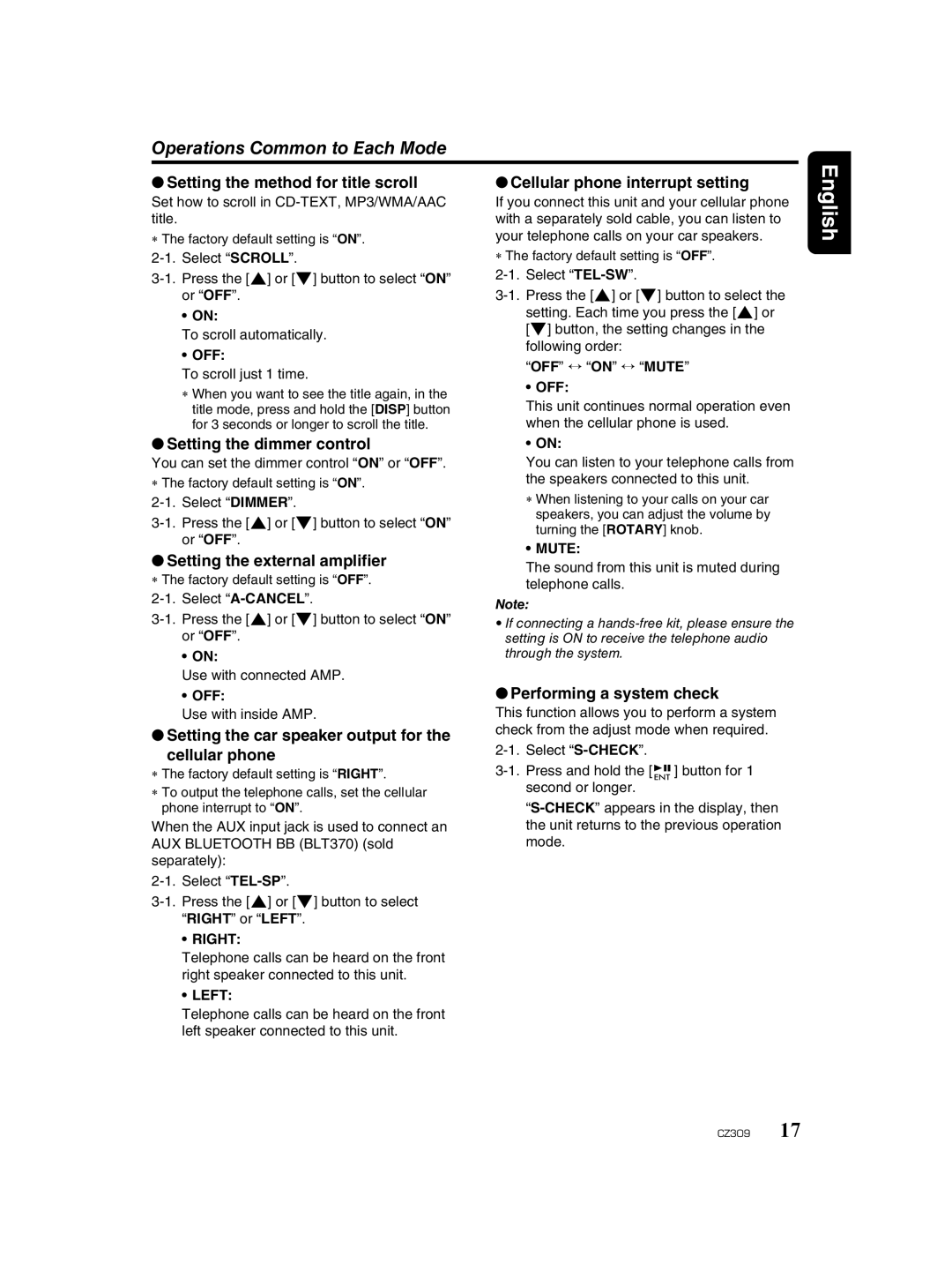 Clarion CZ309 owner manual Operations Common to Each Mode 