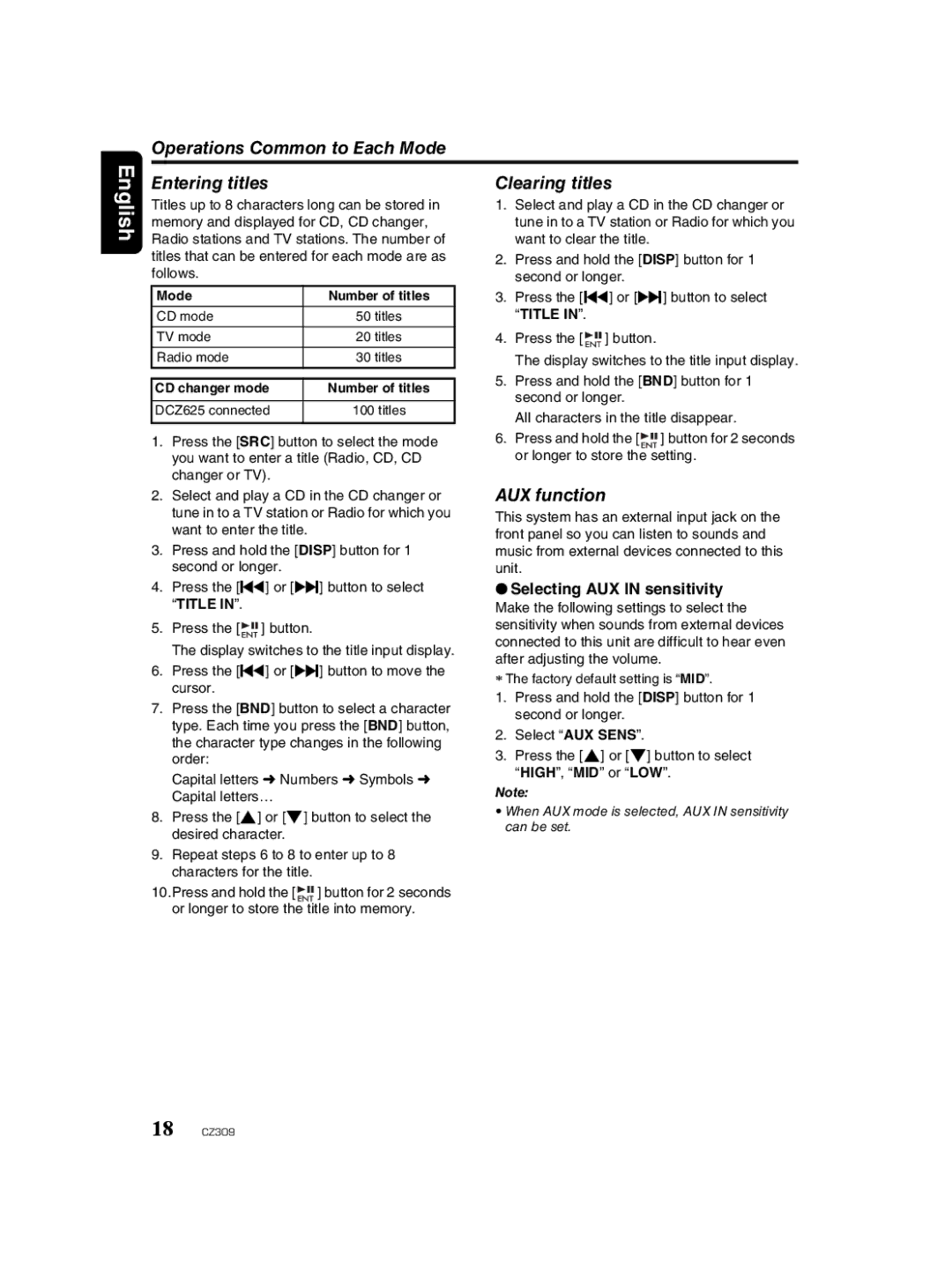 Clarion CZ309 owner manual AUX function, Selecting AUX in sensitivity 