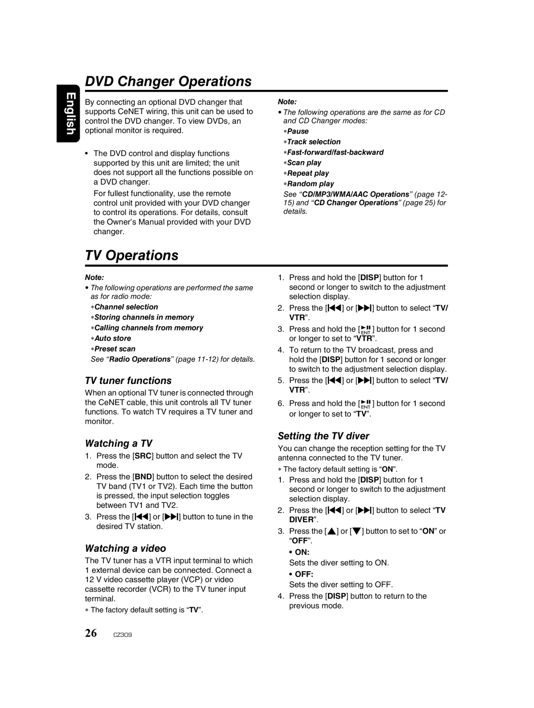 Clarion CZ309 owner manual DVD Changer Operations, TV Operations 