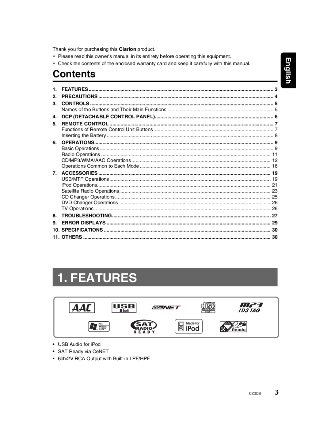 Clarion CZ309 owner manual Features, Contents 