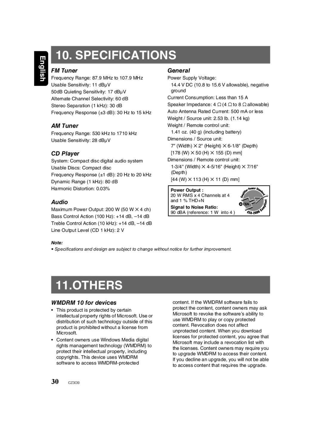 Clarion CZ309 owner manual Specifications, Others 