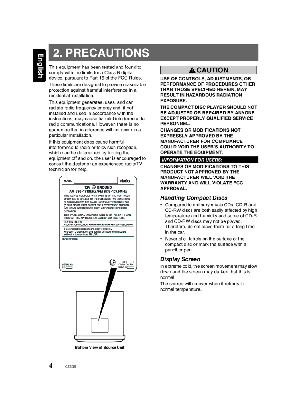 Clarion CZ309 owner manual Precautions, Handling Compact Discs, Display Screen 