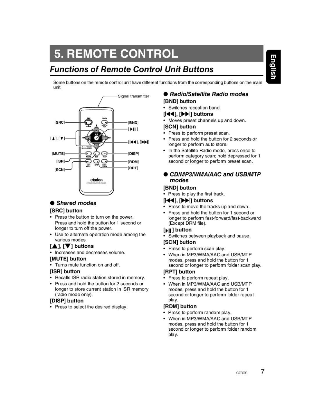 Clarion CZ309 owner manual Functions of Remote Control Unit Buttons, Shared modes, Radio/Satellite Radio modes 