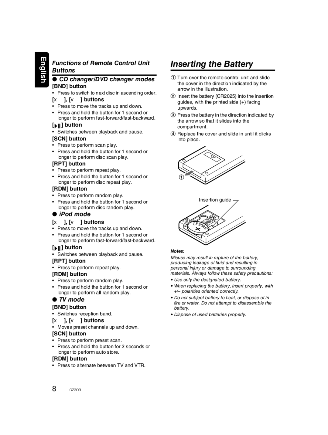 Clarion CZ309 owner manual Inserting the Battery, IPod mode, TV mode 