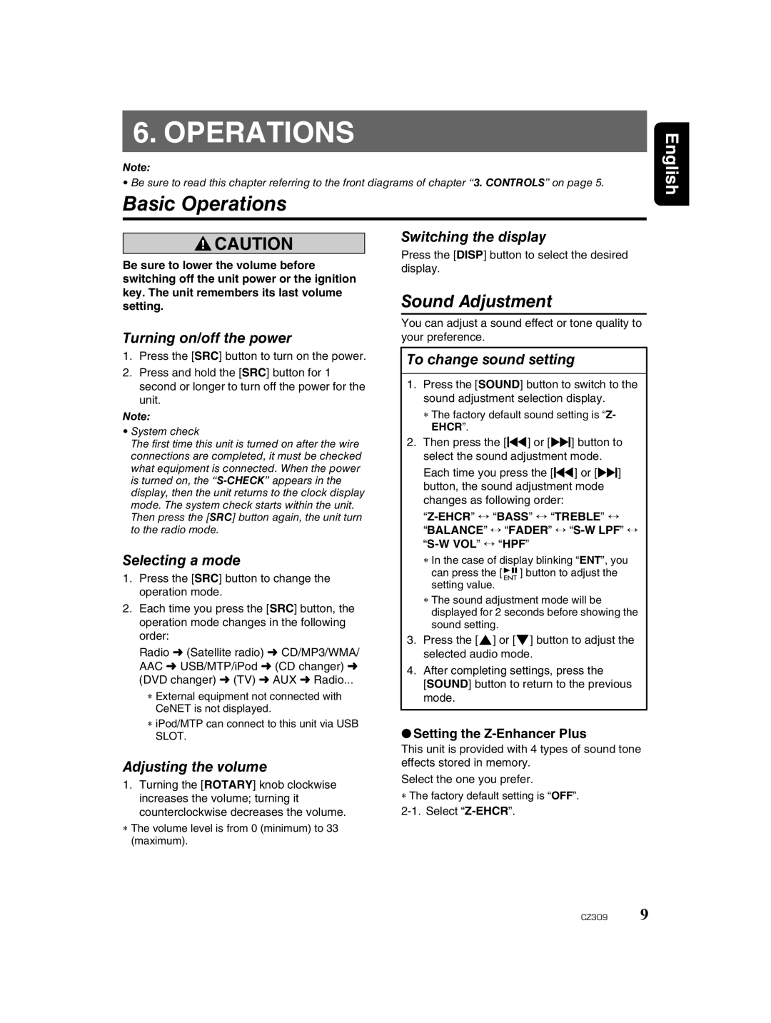 Clarion CZ309 owner manual Basic Operations 