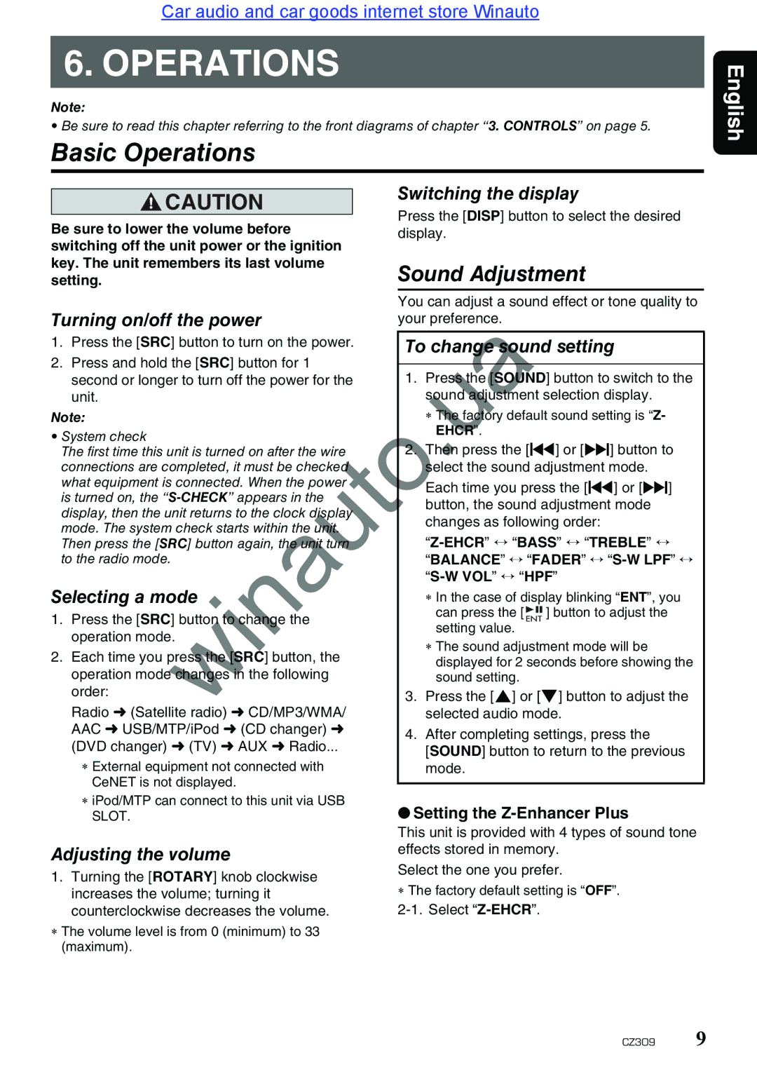 Clarion CZ309E user manual Basic Operations 