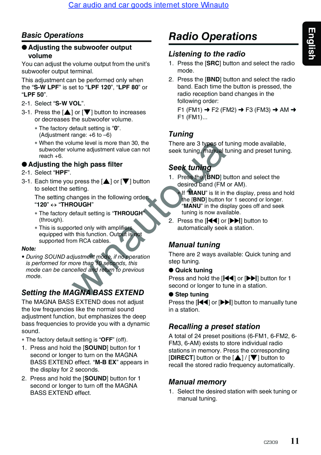 Clarion CZ309E user manual Radio Operations 