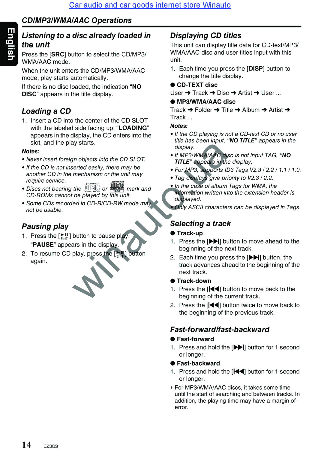 Clarion CZ309E user manual Loading a CD, Pausing play Selecting a track, Fast-forward/fast-backward 