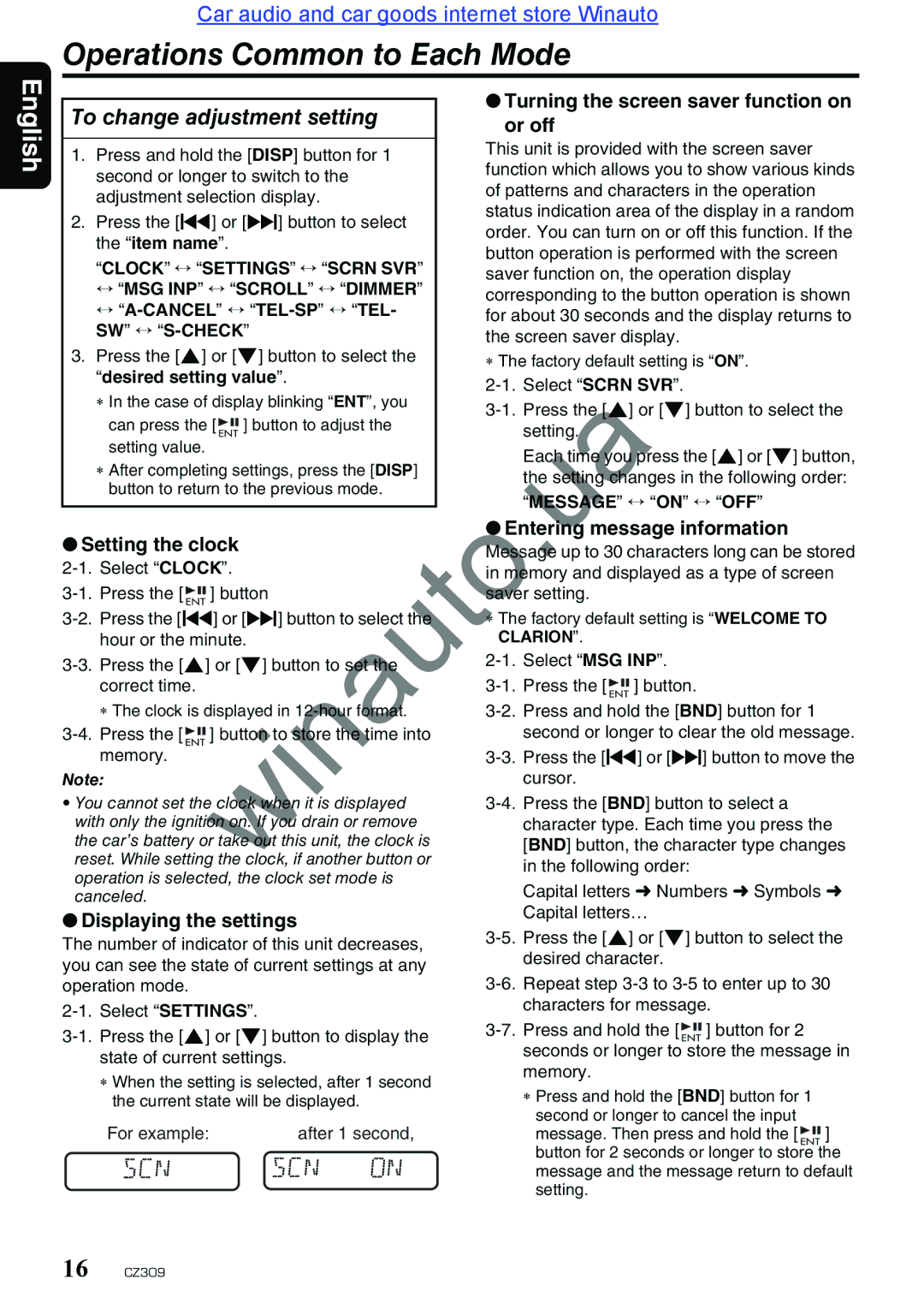 Clarion CZ309E user manual Operations Common to Each Mode, To change adjustment setting 