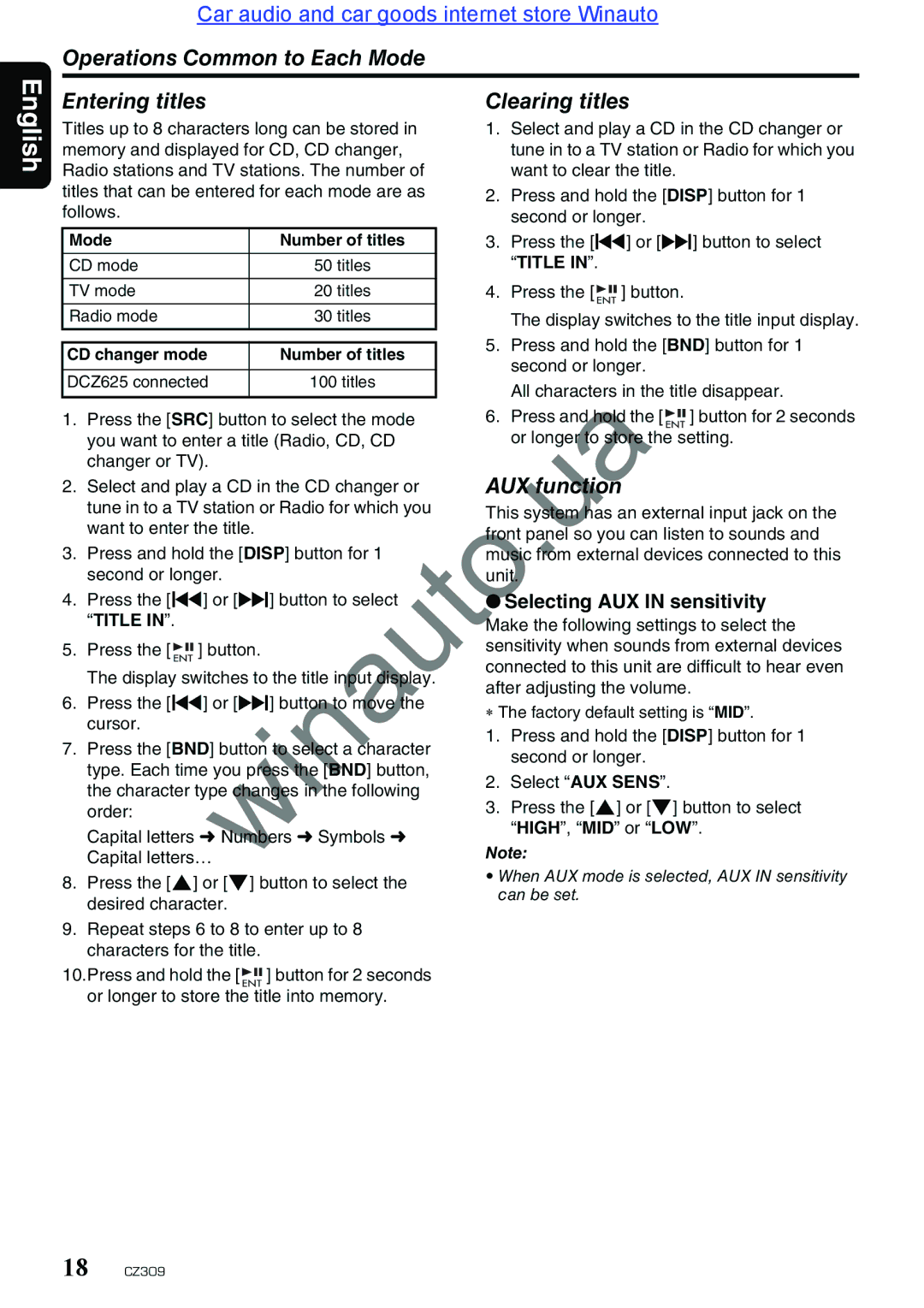 Clarion CZ309E user manual AUX f nction, Selecting AUX in sensitivity, Title, Make the following settings to select 