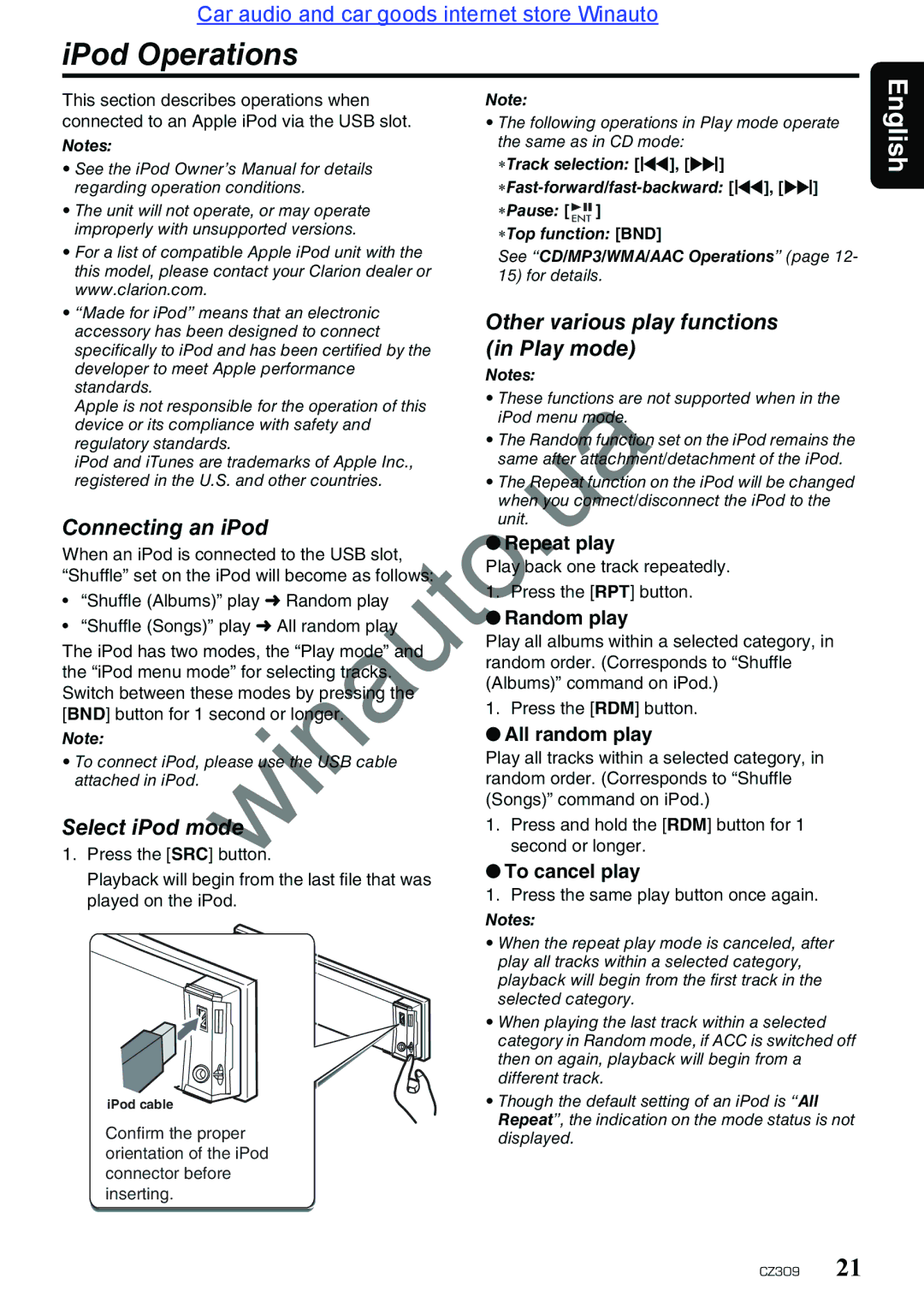 Clarion CZ309E user manual IPod Operations, Play mode, Connecting an iPod, Select iPod mode, All random play 