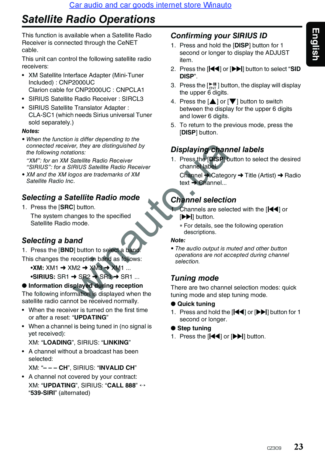 Clarion CZ309E user manual Satellite Radio Operations 