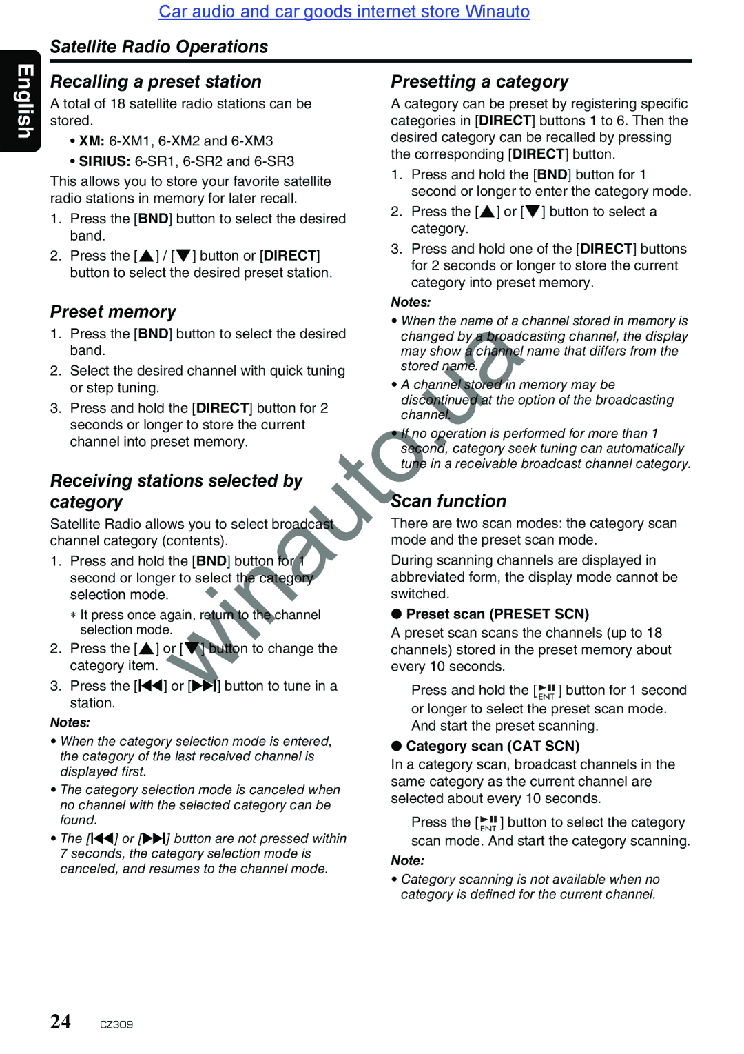 Clarion CZ309E user manual Preset memory, Receiving stations selected by, Category Scan function, Preset scan Preset SCN 