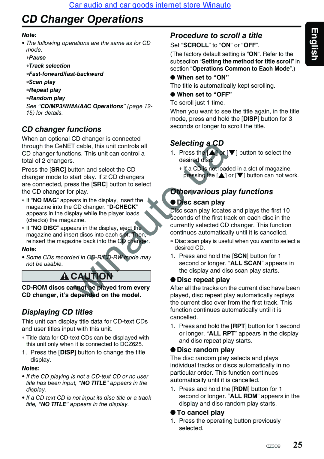 Clarion CZ309E user manual CD Changer Operations, Procedure to scroll a title, CD changer functions, Selecting CD 