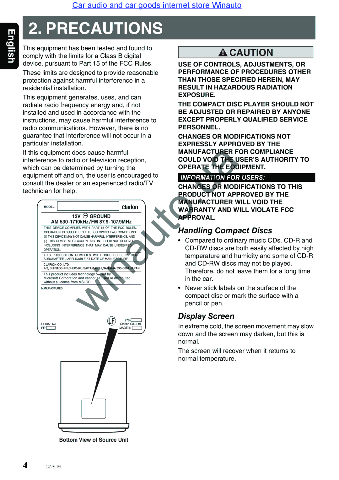 Clarion CZ309E user manual Precautions, Handling Compact Discs, Display Screen 