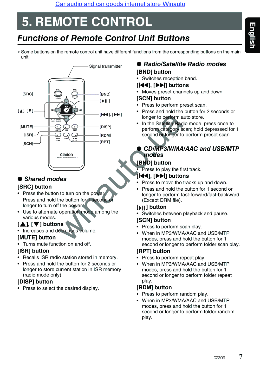 Clarion CZ309E Functions of Remote Control Unit Buttons, Radio/Satellite Radio modes, CD/MP3/WMA/AAC and USB/MTP Des 