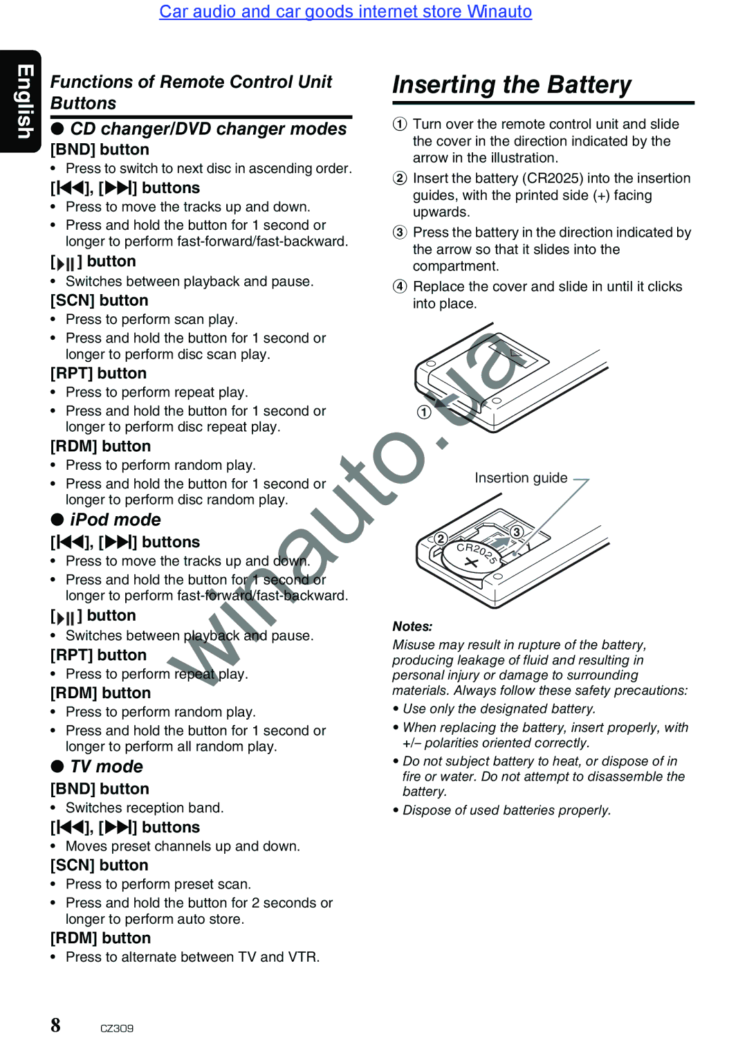 Clarion CZ309E user manual Inserting the Battery, IPod mode, TV mode, Button RDM button 