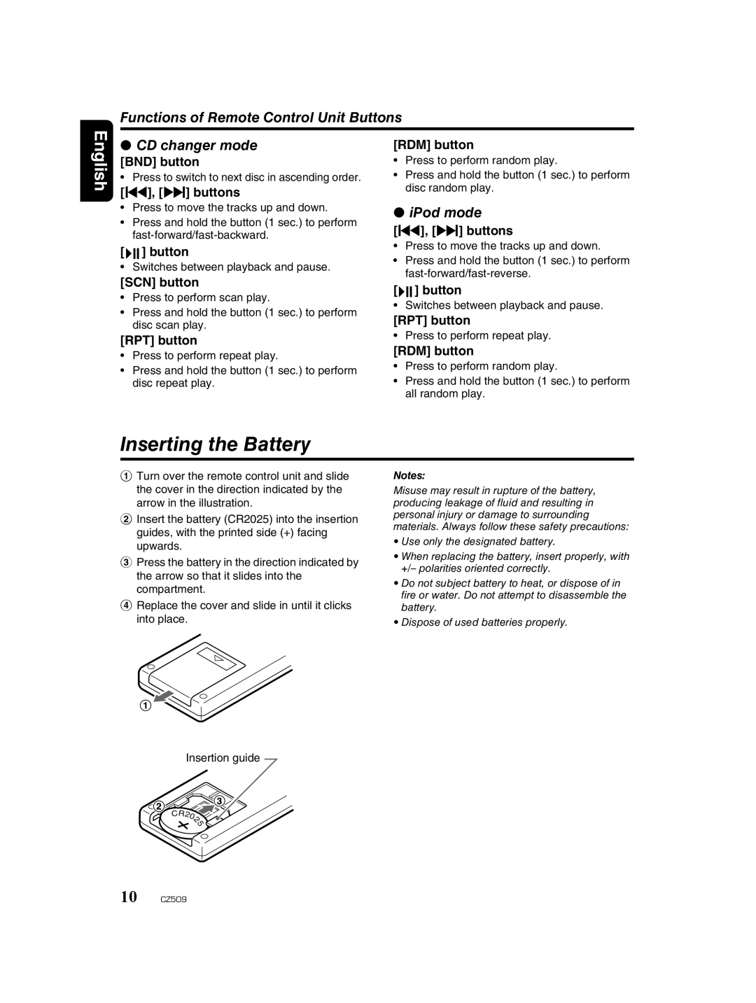 Clarion CZ509 owner manual Inserting the Battery, Functions of Remote Control Unit Buttons, CD changer mode, IPod mode 