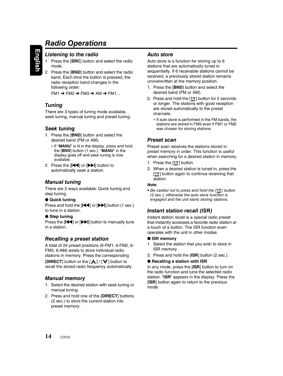 Clarion CZ509 owner manual Radio Operations 