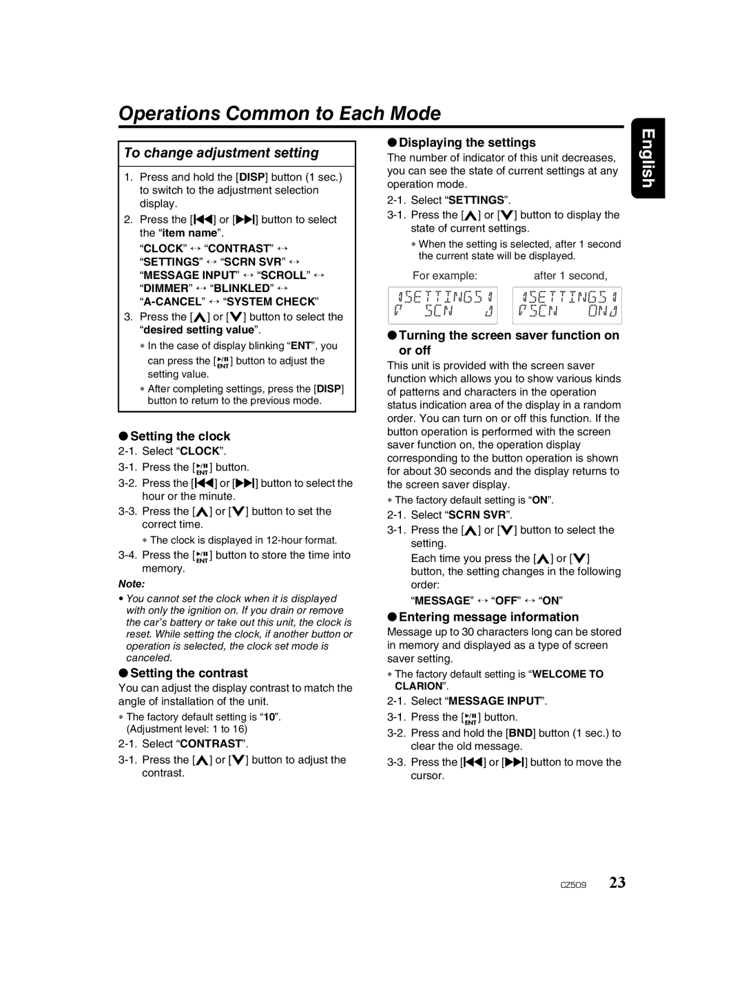 Clarion CZ509 owner manual Operations Common to Each Mode, To change adjustment setting 