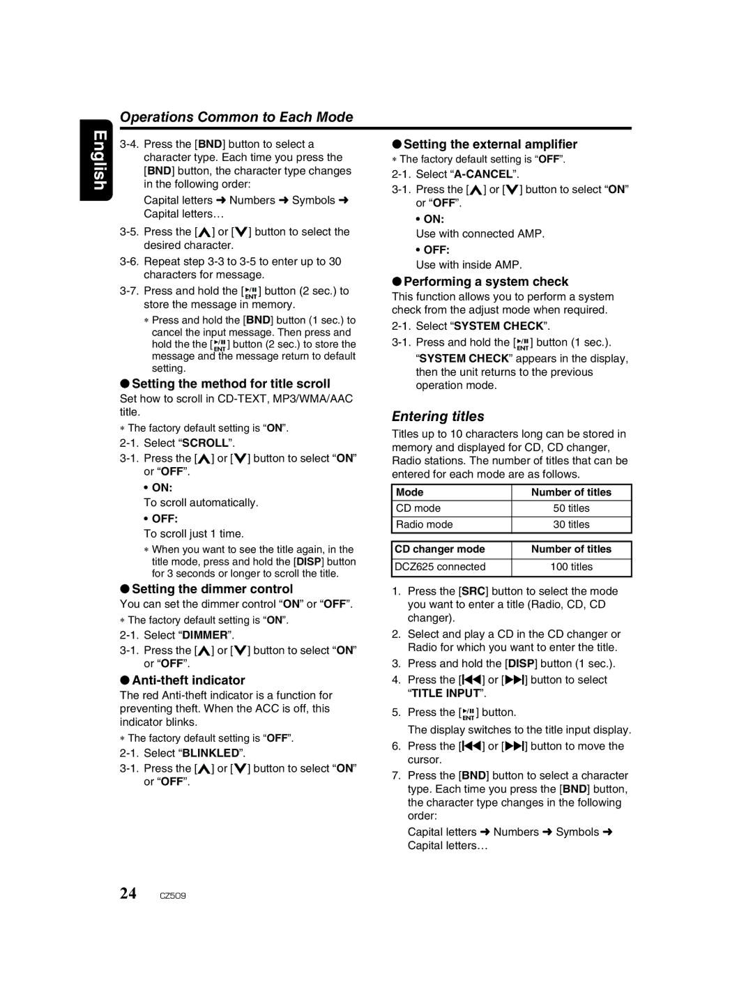 Clarion CZ509 owner manual Operations Common to Each Mode, Entering titles 