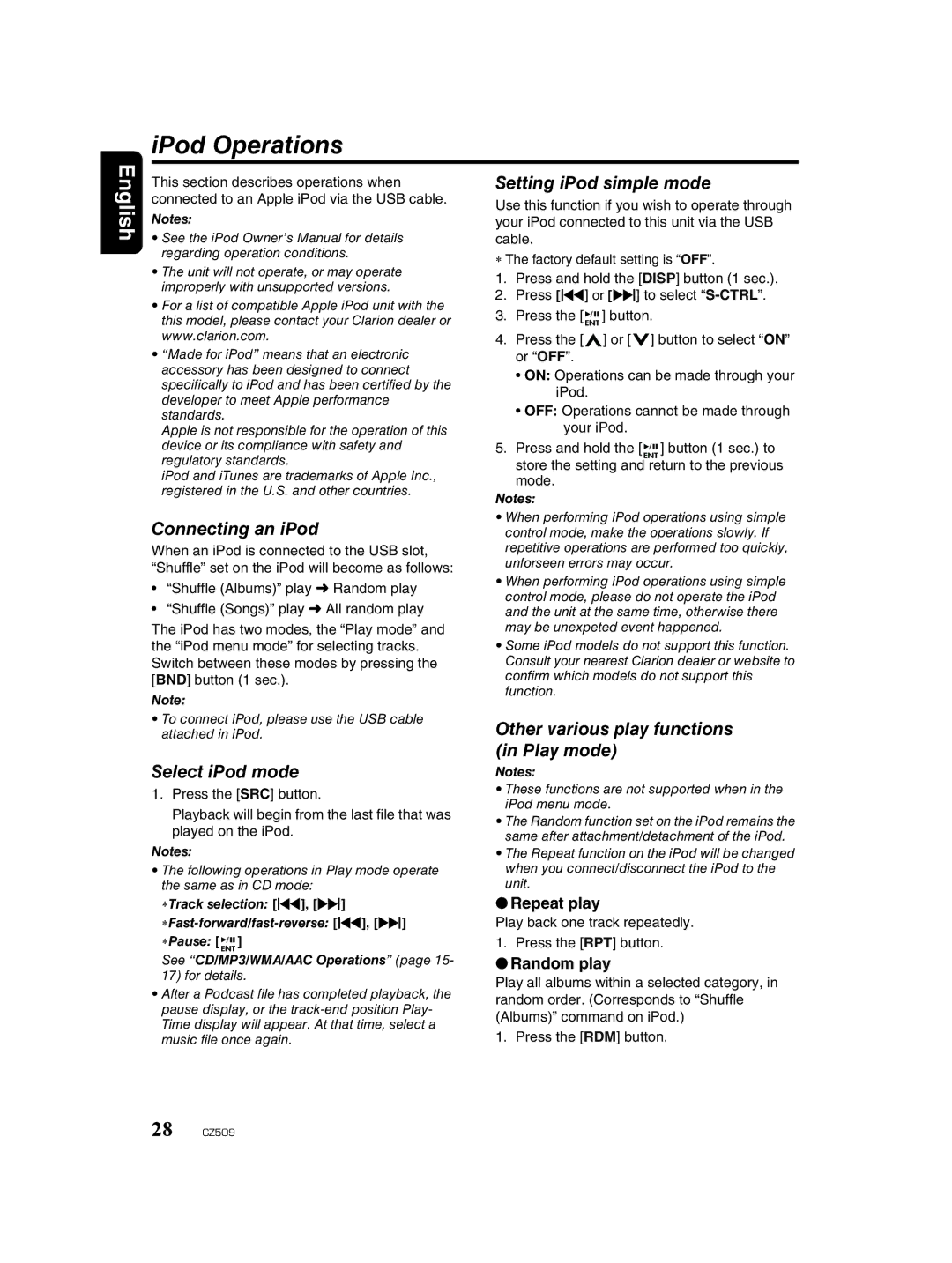 Clarion CZ509 owner manual IPod Operations, Connecting an iPod, Select iPod mode, Setting iPod simple mode 