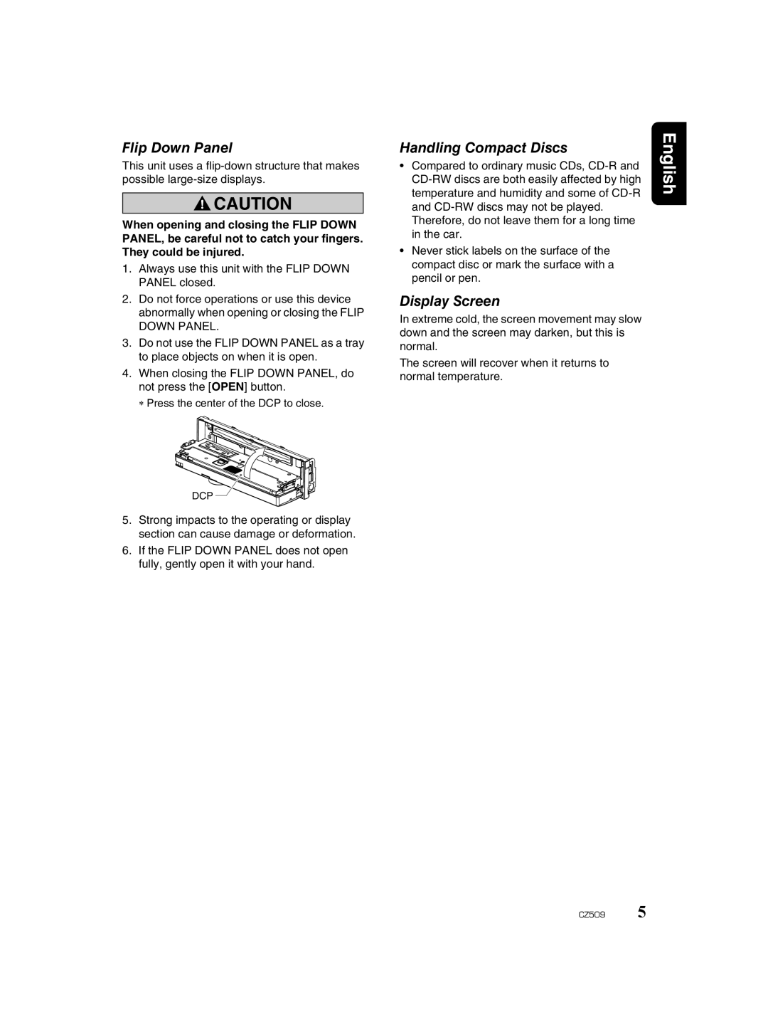 Clarion CZ509 owner manual Flip Down Panel, Handling Compact Discs, Display Screen 