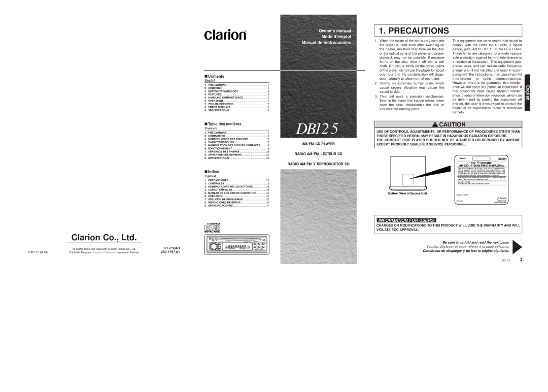 Clarion DB125 owner manual Precautions, Contents, Table des matières, Índice 