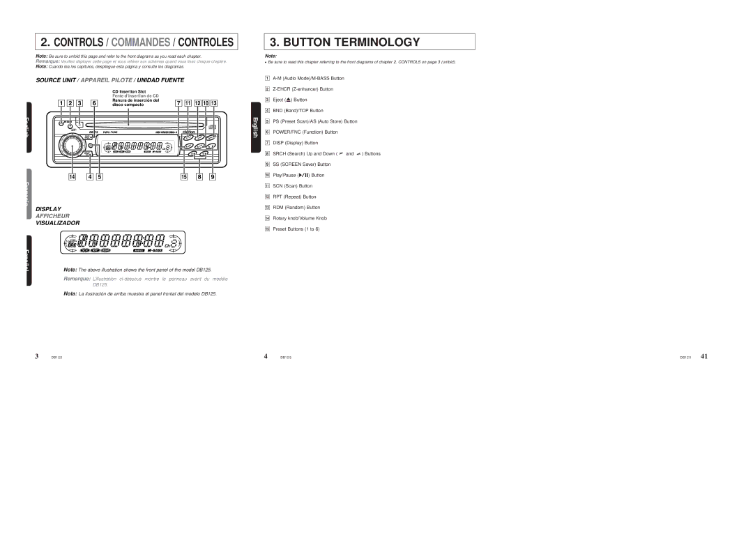 Clarion DB125 owner manual Button Terminology, Controls / Commandes / Controles 