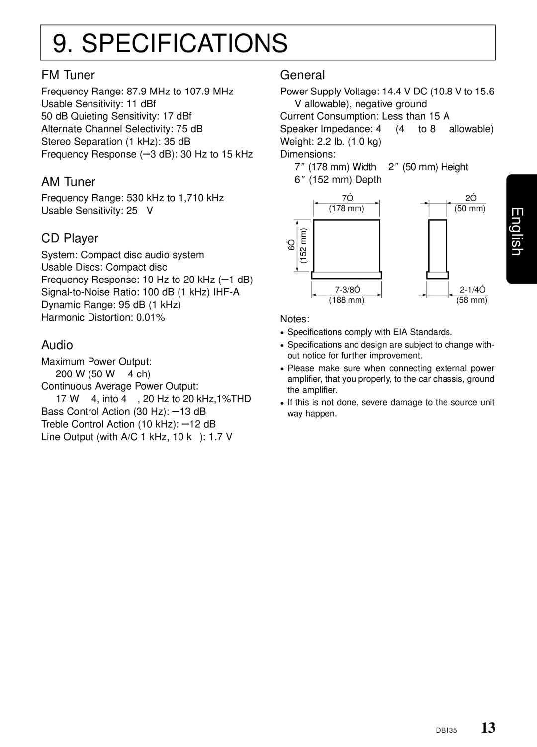 Clarion DB135 owner manual Specifications, FM Tuner, AM Tuner, CD Player, General 