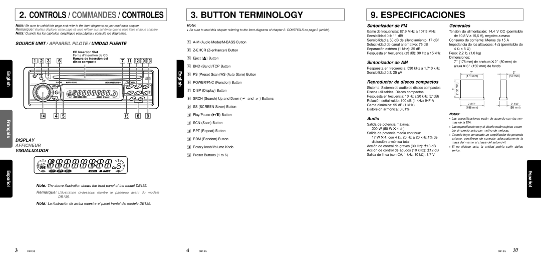 Clarion DB135 owner manual Button Terminology Especificaciones 