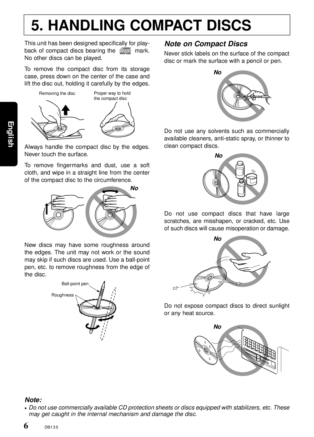 Clarion DB135 owner manual Handling Compact Discs 