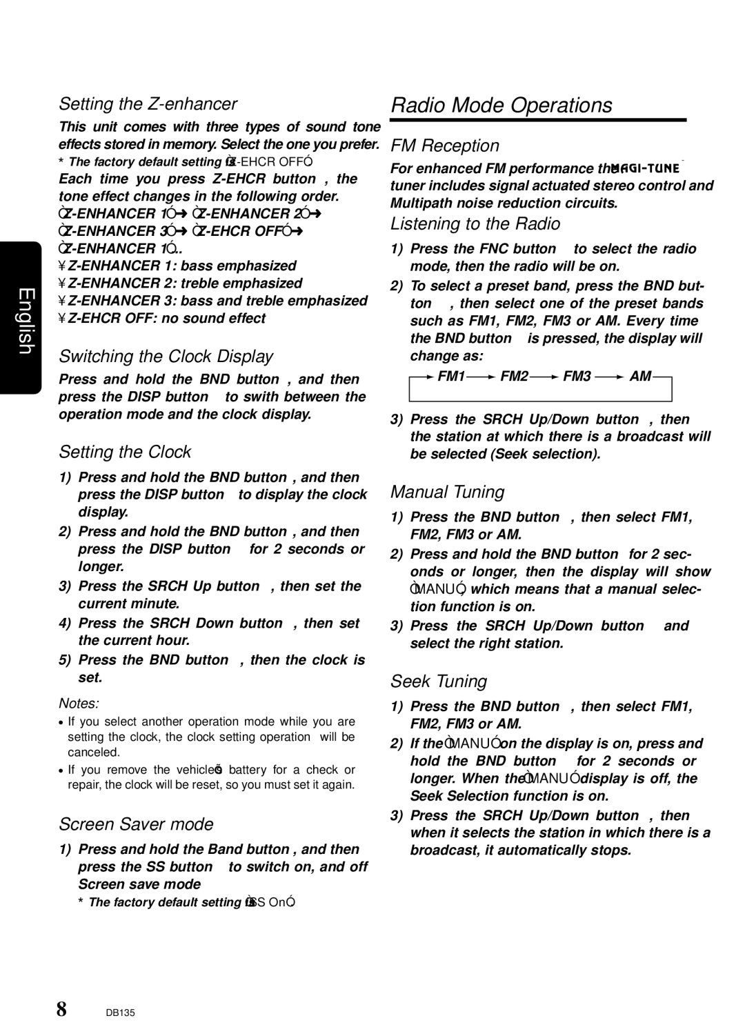 Clarion DB135 owner manual Radio Mode Operations 