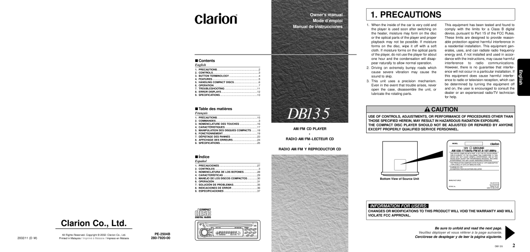 Clarion DB135 owner manual Precautions, English, Be sure to unfold and read the next page, Manual de instrucciones, Índice 