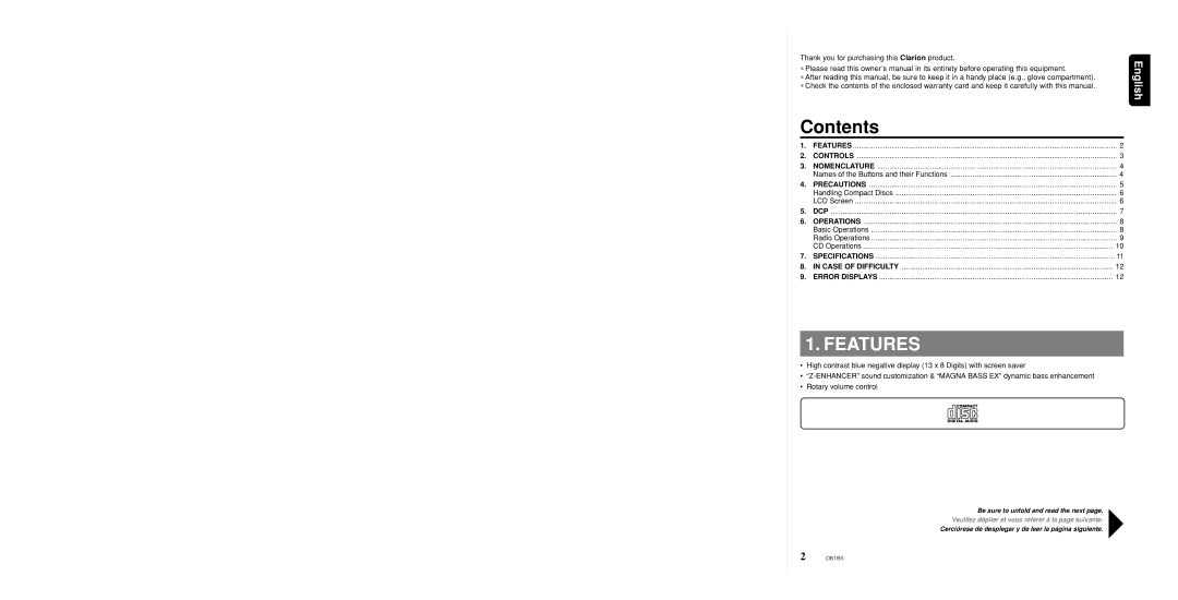 Clarion DB165 owner manual Contents, Features 