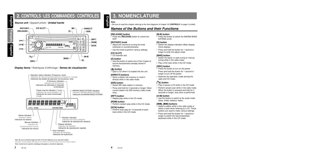 Clarion DB165 Nomenclature, Names of the Buttons and their Functions, Source unit / Appaeil pilote / Unidad fuente 