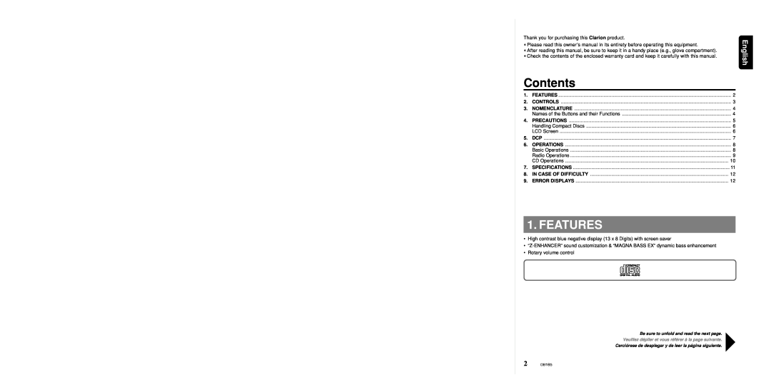 Clarion DB165 owner manual Contents, Features, English 