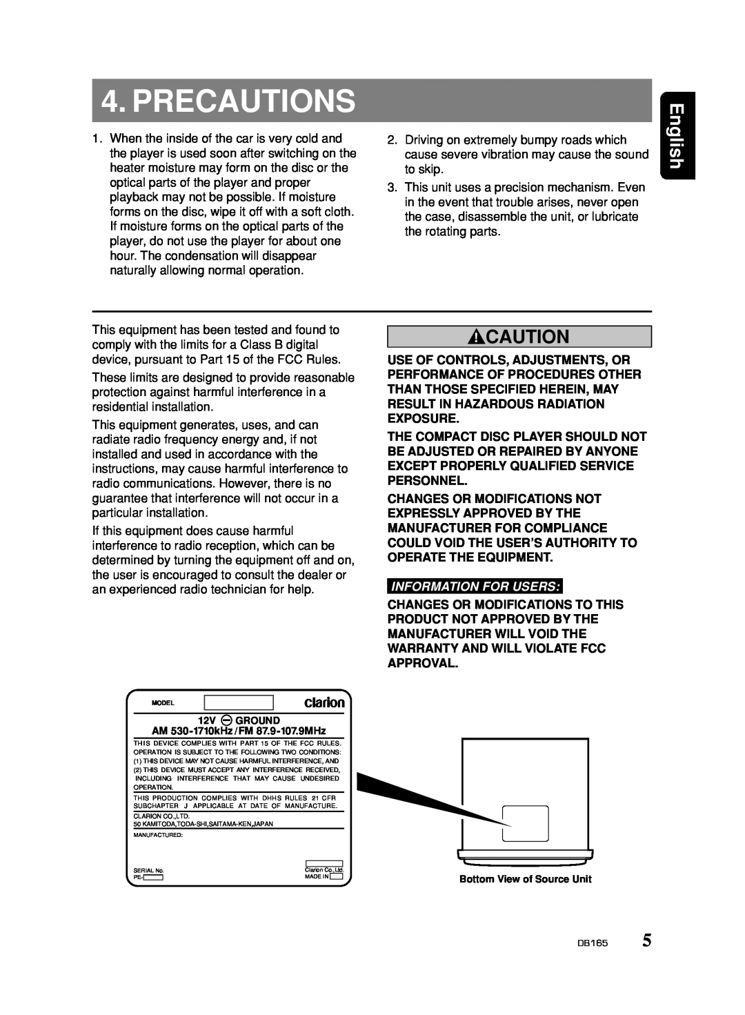 Clarion DB165 owner manual Precautions, English, Information For Users 