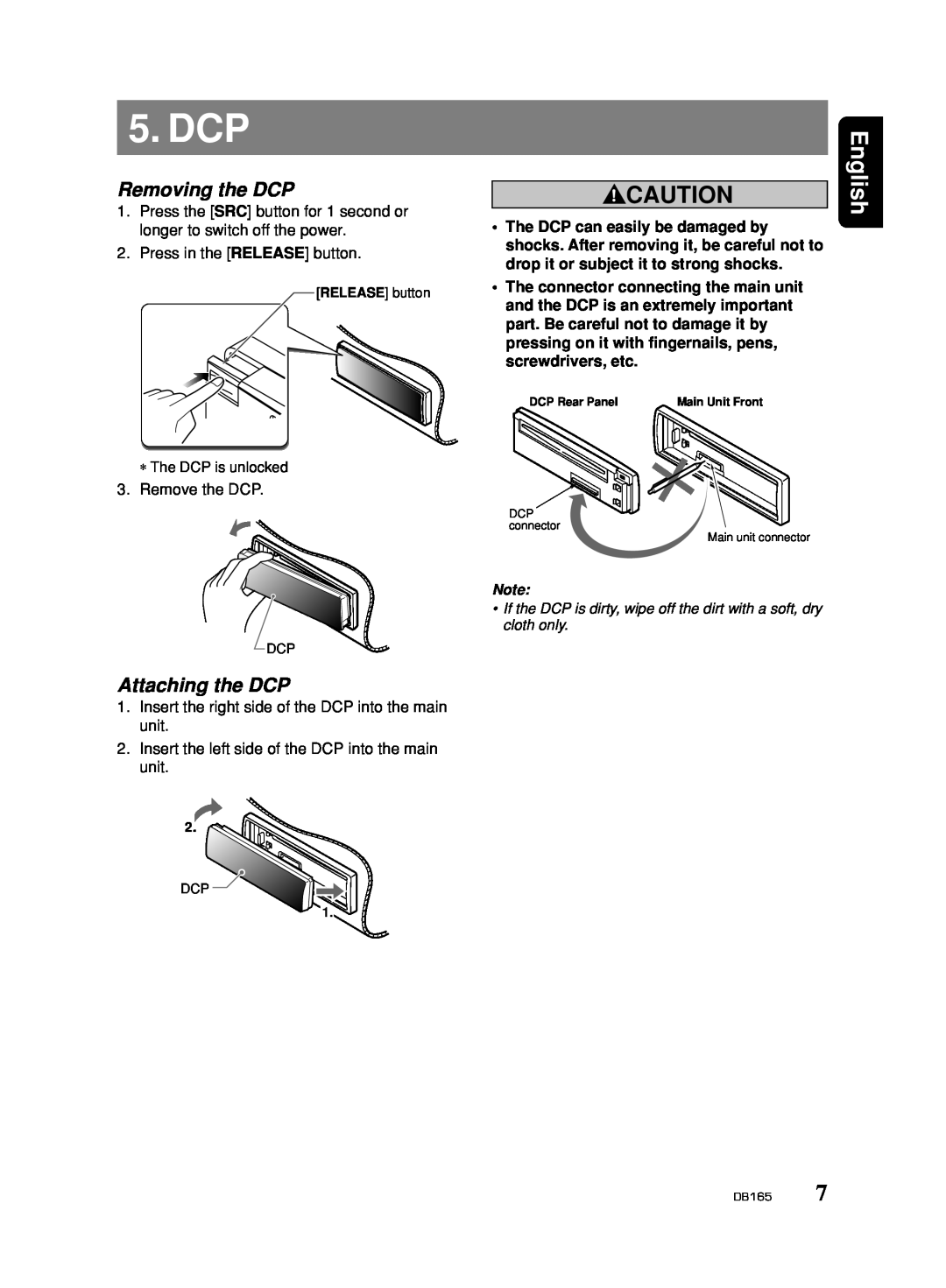 Clarion DB165 owner manual Dcp, Removing the DCP, Attaching the DCP, English 