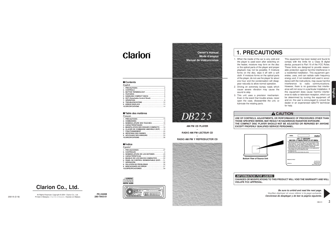 Clarion DB225 owner manual 