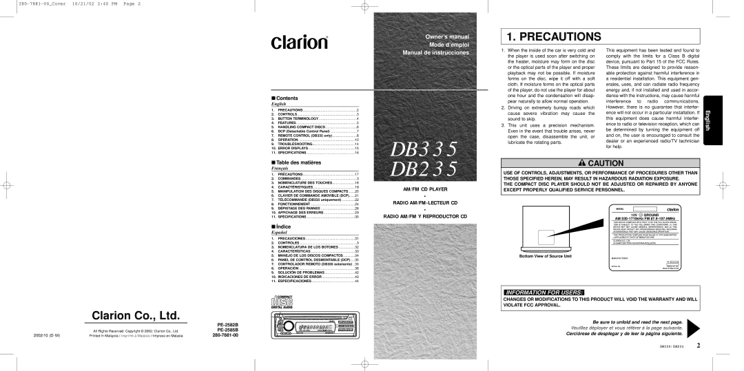 Clarion DB235 owner manual Precautions, Manual de instrucciones 