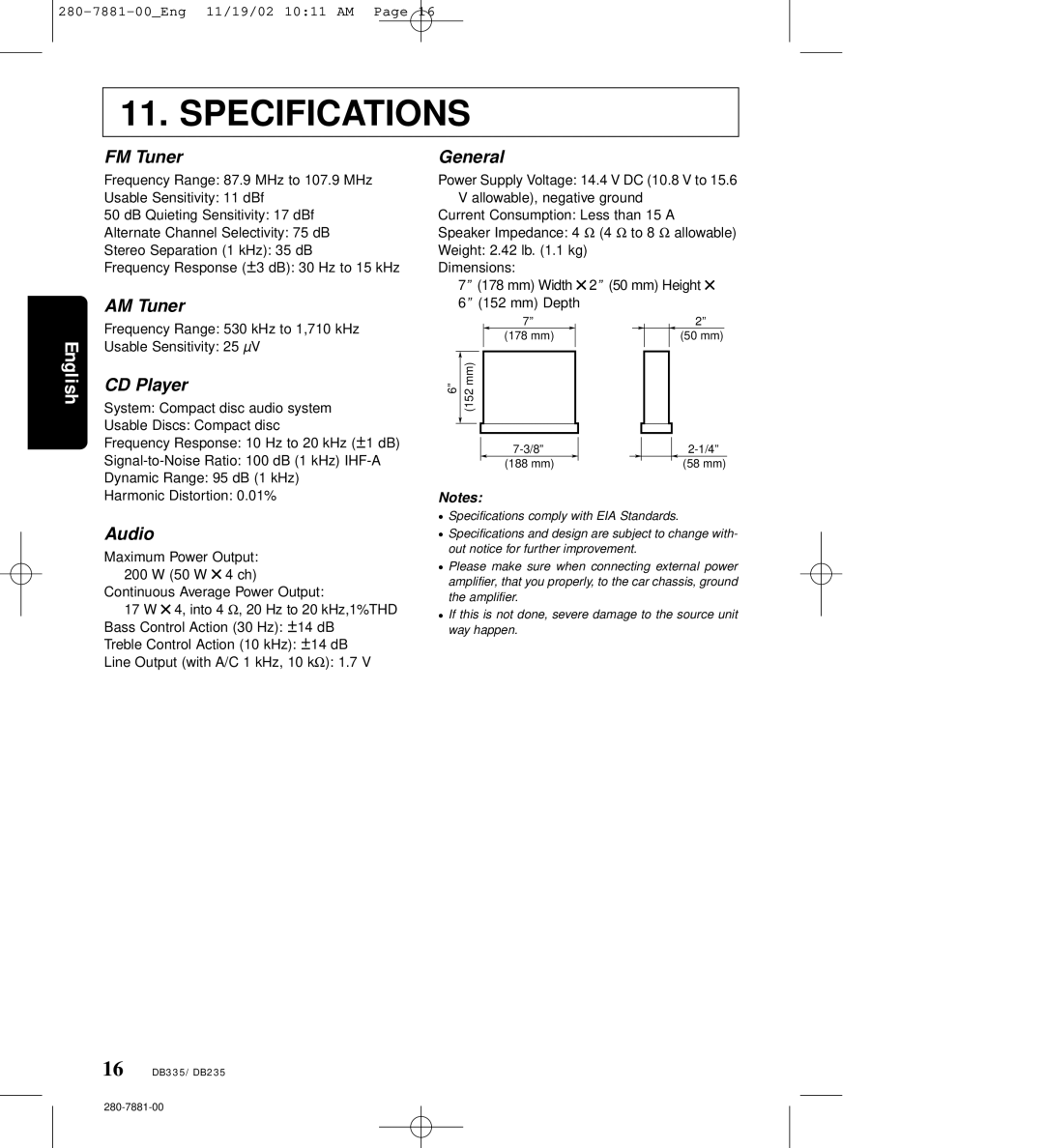 Clarion DB235 owner manual Specifications 