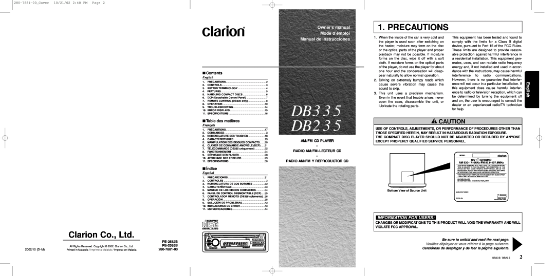 Clarion DB235 owner manual Precautions, English, DB335, Manual de instrucciones, Am/Fm Cd Player Radio Am/Fm-Lecteurcd 