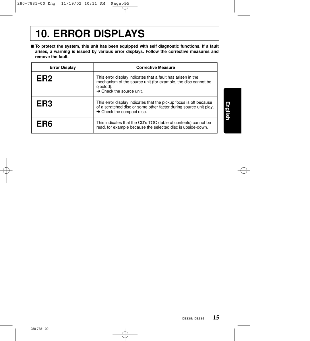 Clarion DB235 owner manual Error Displays, English 