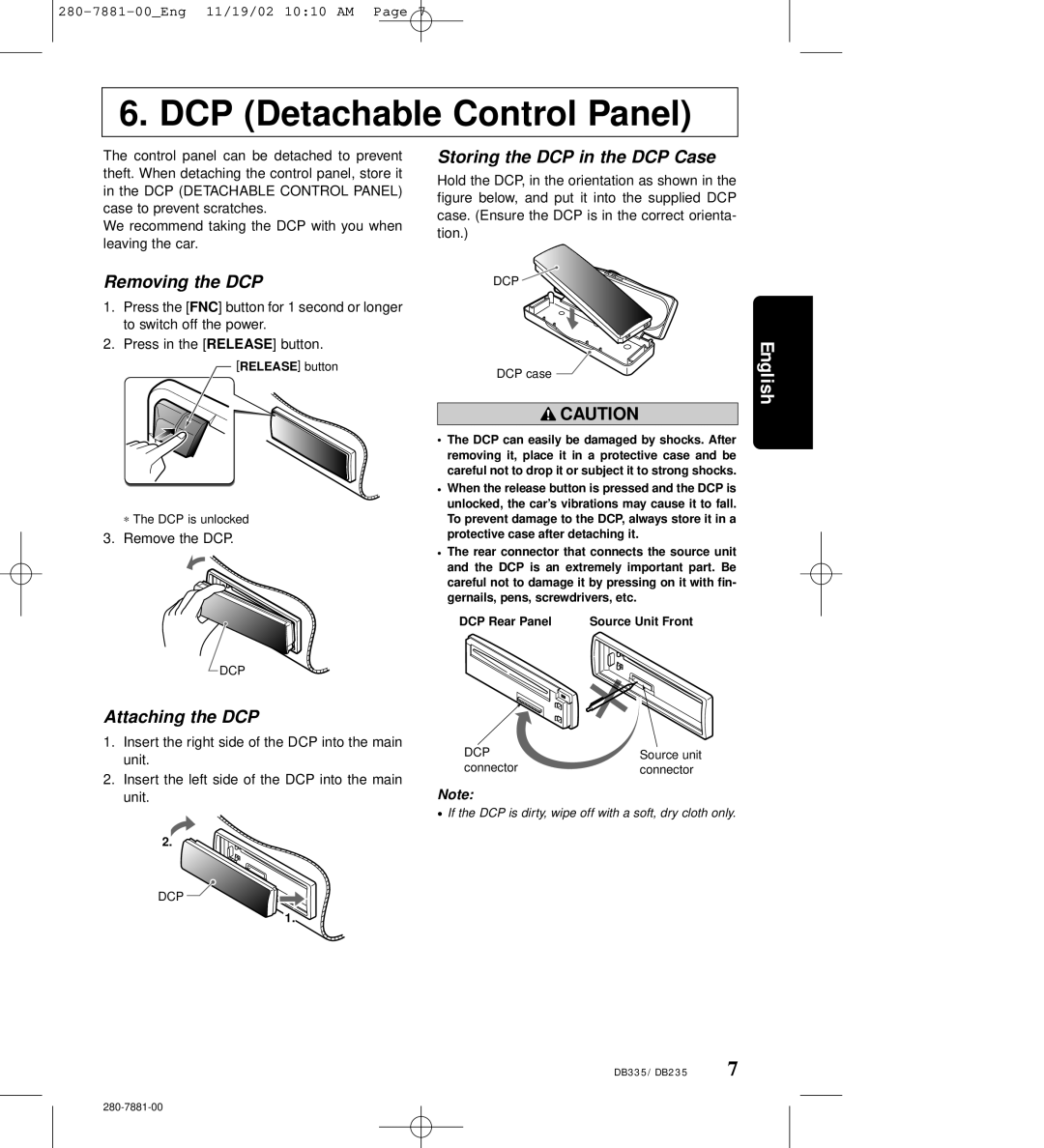 Clarion DB235 DCP Detachable Control Panel, Removing the DCP, Attaching the DCP, Storing the DCP in the DCP Case, English 