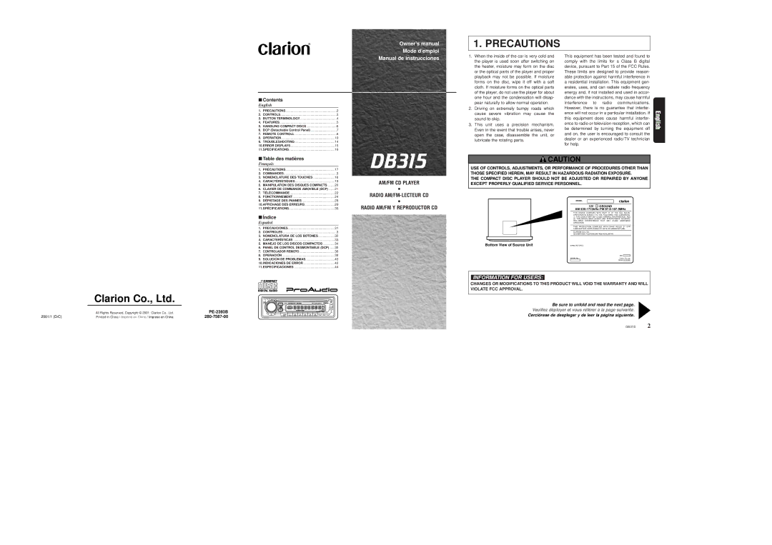 Clarion DB315 owner manual Precautions, Contents 