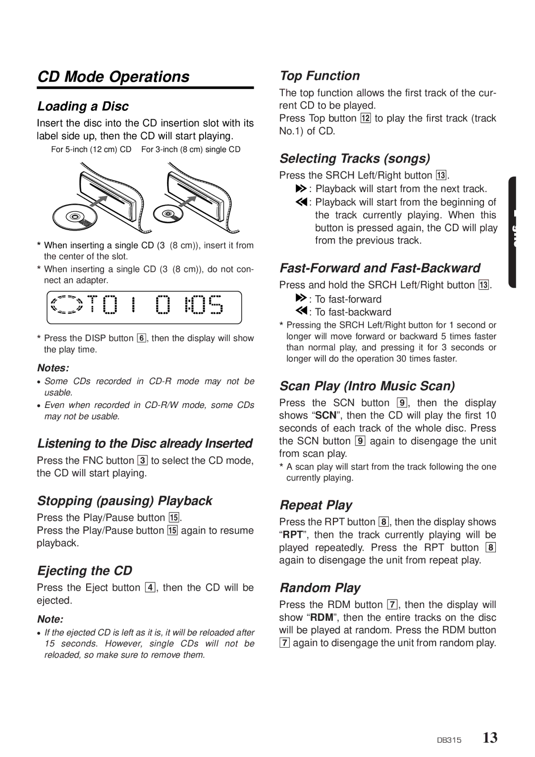 Clarion DB315 owner manual CD Mode Operations 